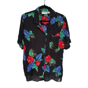 Vtg Hawaiian Print Colorful Vacation Top Black Button Down Resortwear Cruise 16W